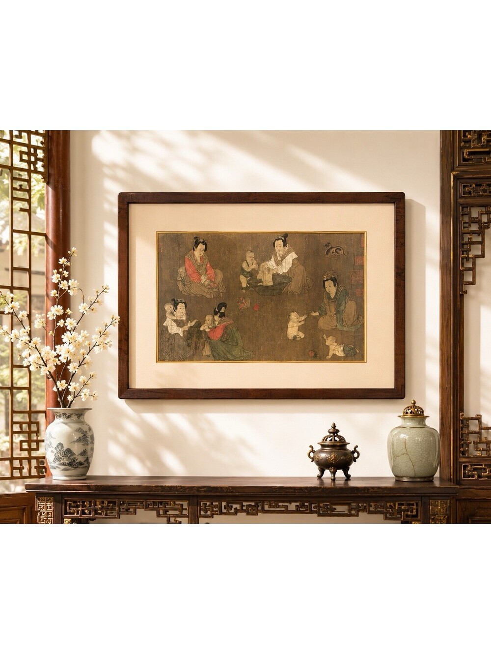 Graphic Arts 1950s Framed Print Zhou Fang Palace Ladies Bathing Infants, 27x20”